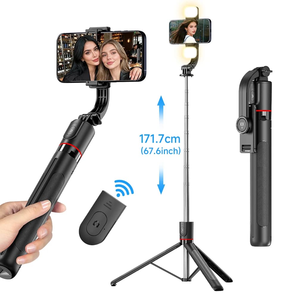 F15 Selfie Stick Tripod with Bluetooth Remote, 6-Section Extendable Pole, 360° Rotation, Fill Light Option, for Phone Vlog