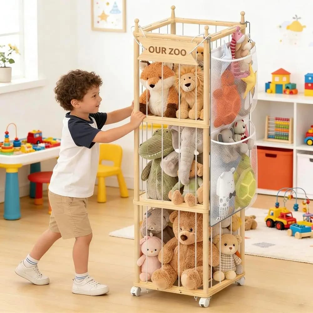 Animal Storage, Wooden Zoo Toy Organizer with Wheels & Hanging Net, Cute Plush Toy Display Stand for Kids Bedroom, Playroom & Nu