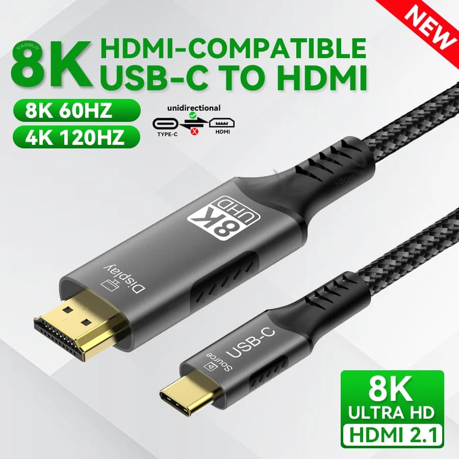 Type C to HDMI-Compatible HDTV Cable 8K@60Hz 4K@120Hz USB C to HDMI Cable for TV Converter MacBook Air iPad USB-C HDMI Adapter