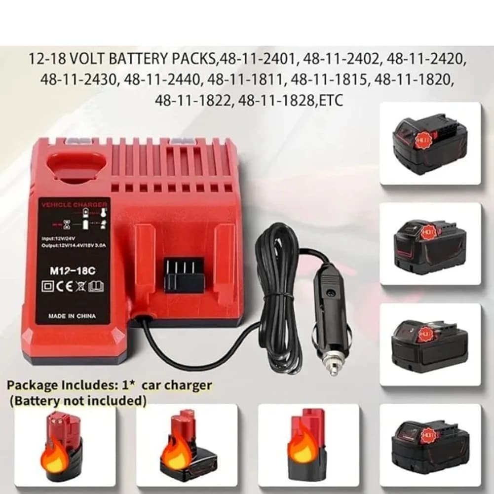 Compatible Battery Charger for Milwaukee 12V 14V 18V M18 M12 Battery Plug with LED Indicator Light Car Charger