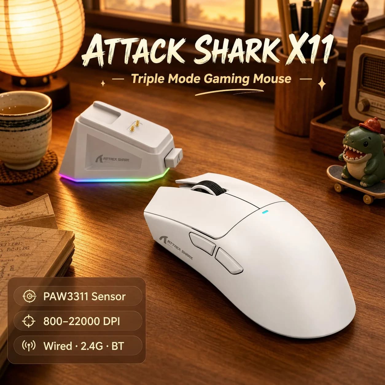 Attack Shark X11  X11SE Wireless Gaming Mouse 3-Mode , PAW3311, 22000DPI, 400IPS, PC Gaming Mouse