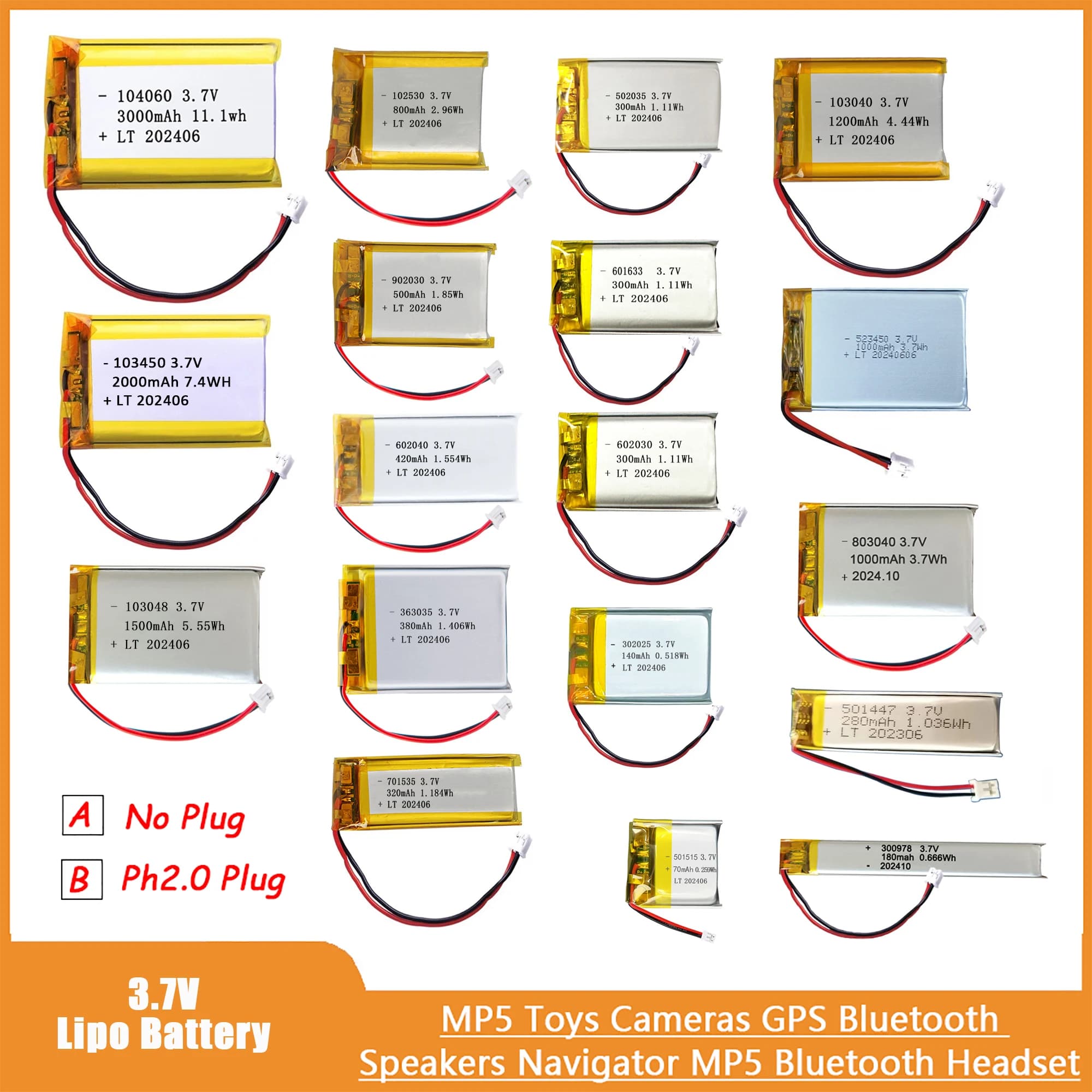 3.7V Lipo Battery Ph2.0 Plug Rechargeable Lithium Battery 3.7V For PS4 Humidifiers GPS Navigation  Bluetooth Speaker MP3 MP4