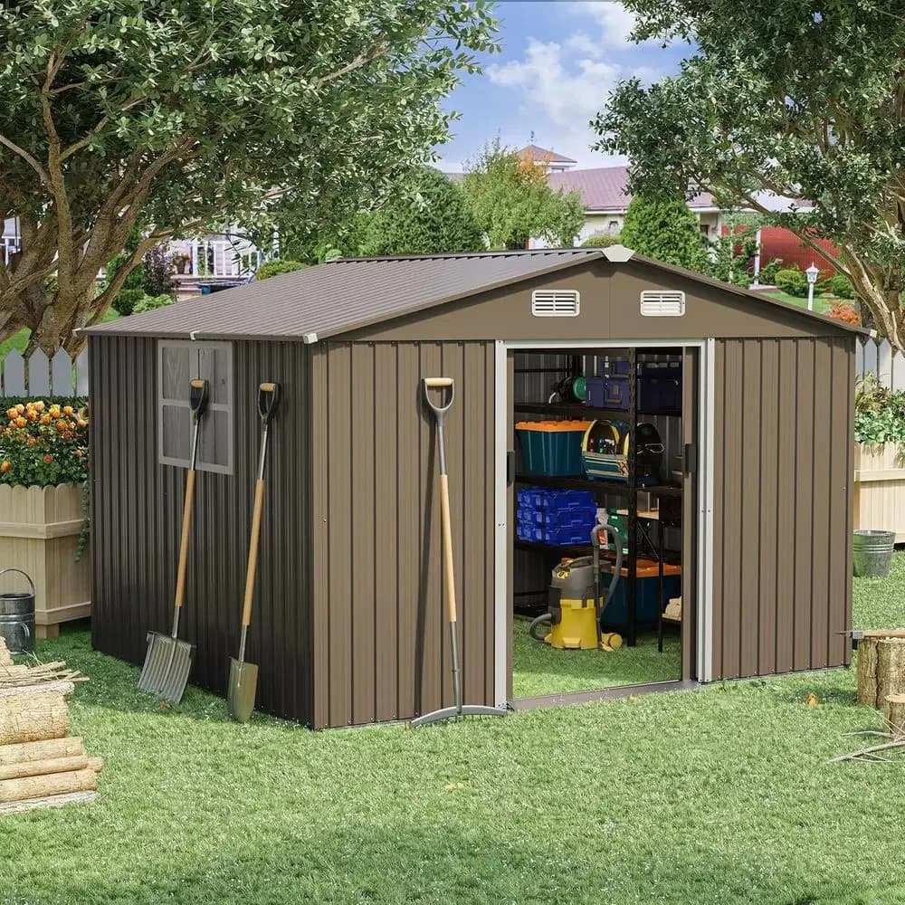 10T x 8T Outdoor Metal Storage Shed with Lockable Door, Sliding Door, and Air Vents for Gardening and Lawn Tools