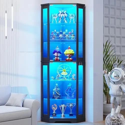 71" Corner Display Cabinet with Glass Doors, 6 Tier Curio Cabinet with 3 LED Lights & Glass Shelves, Human Body Sensor