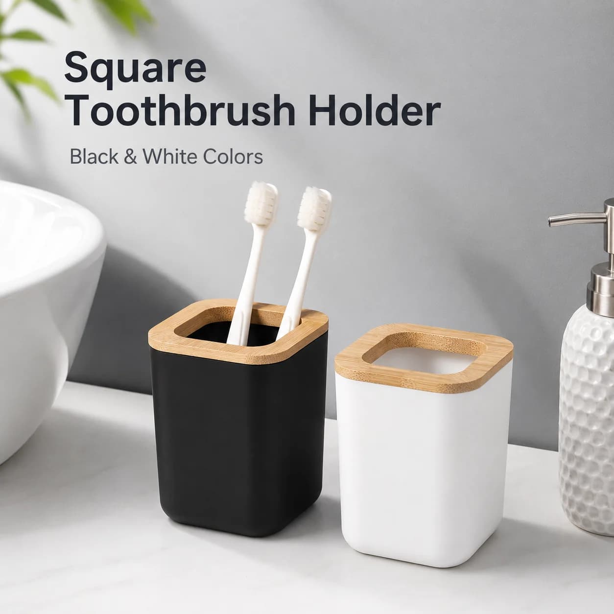 QA Square Bamboo Toothbrush Holder Bathroom Countertop Organizer Cup for Toothbrushes, Makeup Brushes, Black White Storage Stand