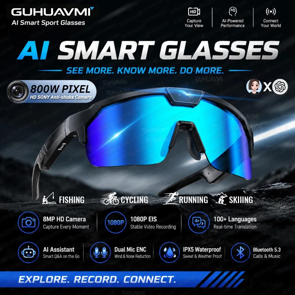 New AI Smart Glasses For Outdoor Cycling Goggles With 800W Camera HD Anti-Shake 1200P Video Recording Translation Sun Glasses