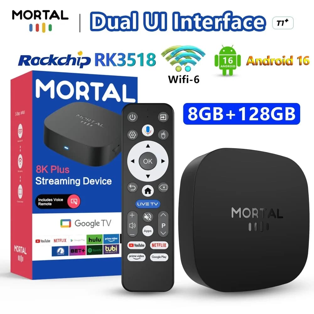 T1+RK3518 Rockchip Smart TV Box BT5.4 Android 16.0  ROM 128GB RAM 8GB Wifi6 8K Voice Assistant Media Player TV Box smart TV 2026