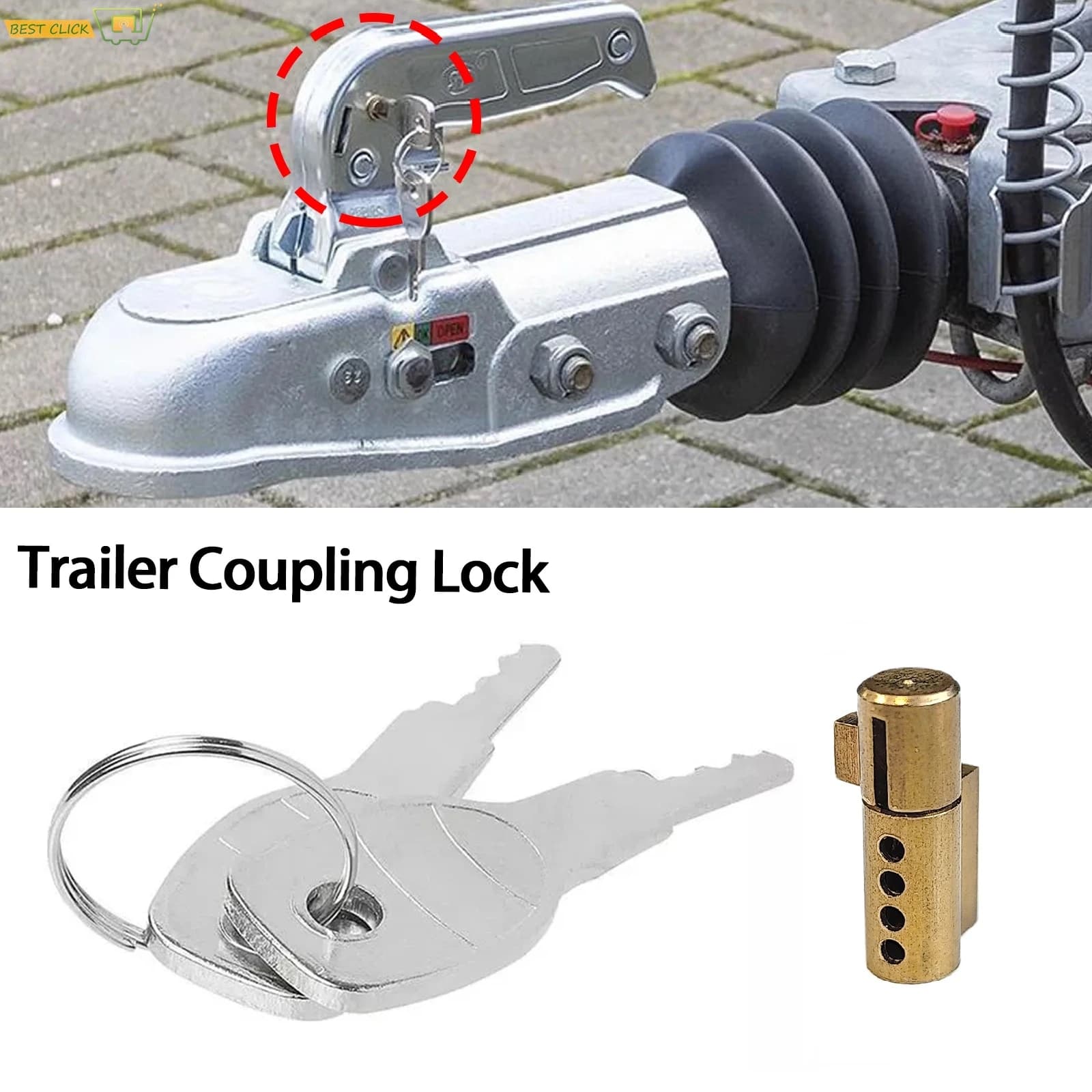 Anti-Theft Trailer Coupling Hitch Lock Insertable Security for Pressed Coupler Heads Caravans RVs with 2 Keys Accessory Part