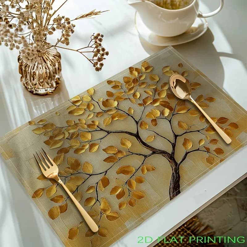 VIKAMA 4-Piece Golden Leaf Tree Placemat Set With Non-Slip Table Mats, Suitable For Kitchen Dining Tables And Coffee Tables