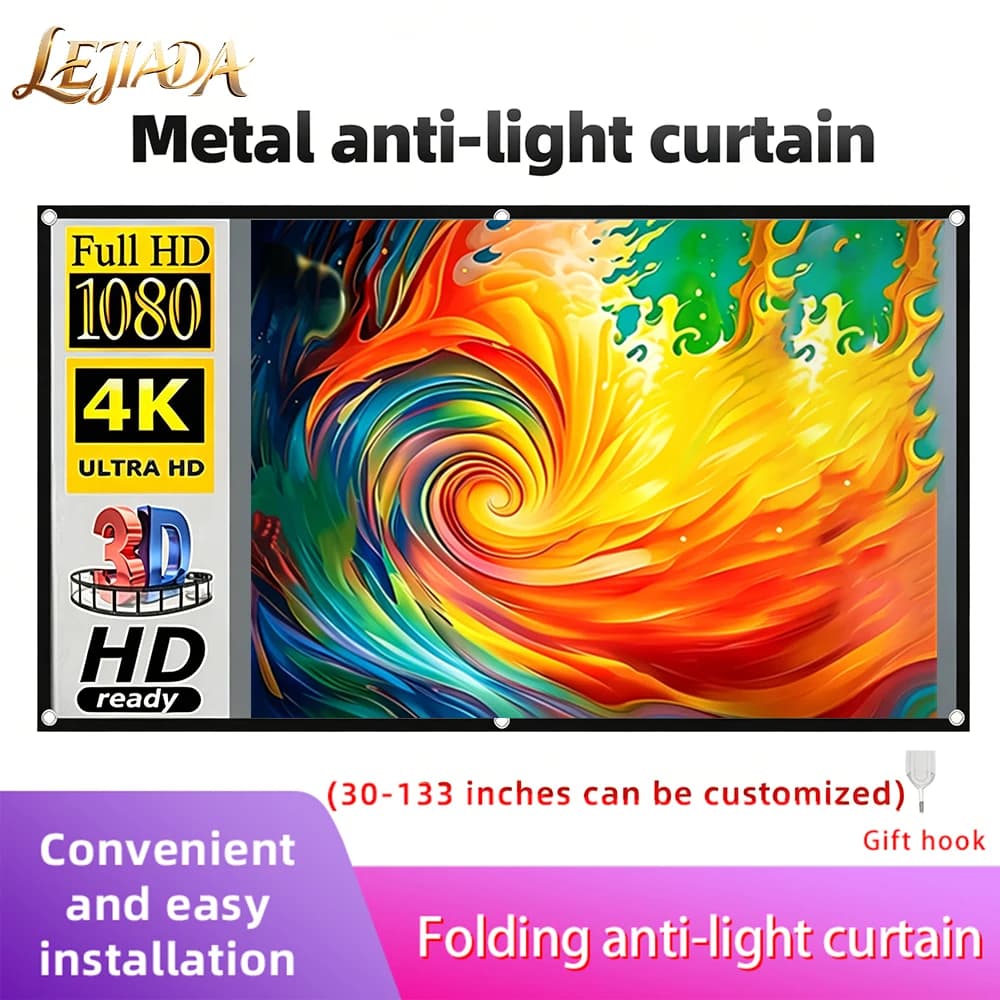 LEJIADA New 16:9 Anti-Light Projector Screen Black Border With Holes Metal Grey Portable ±30° Wide Viewing Angle Home 60-133Inch