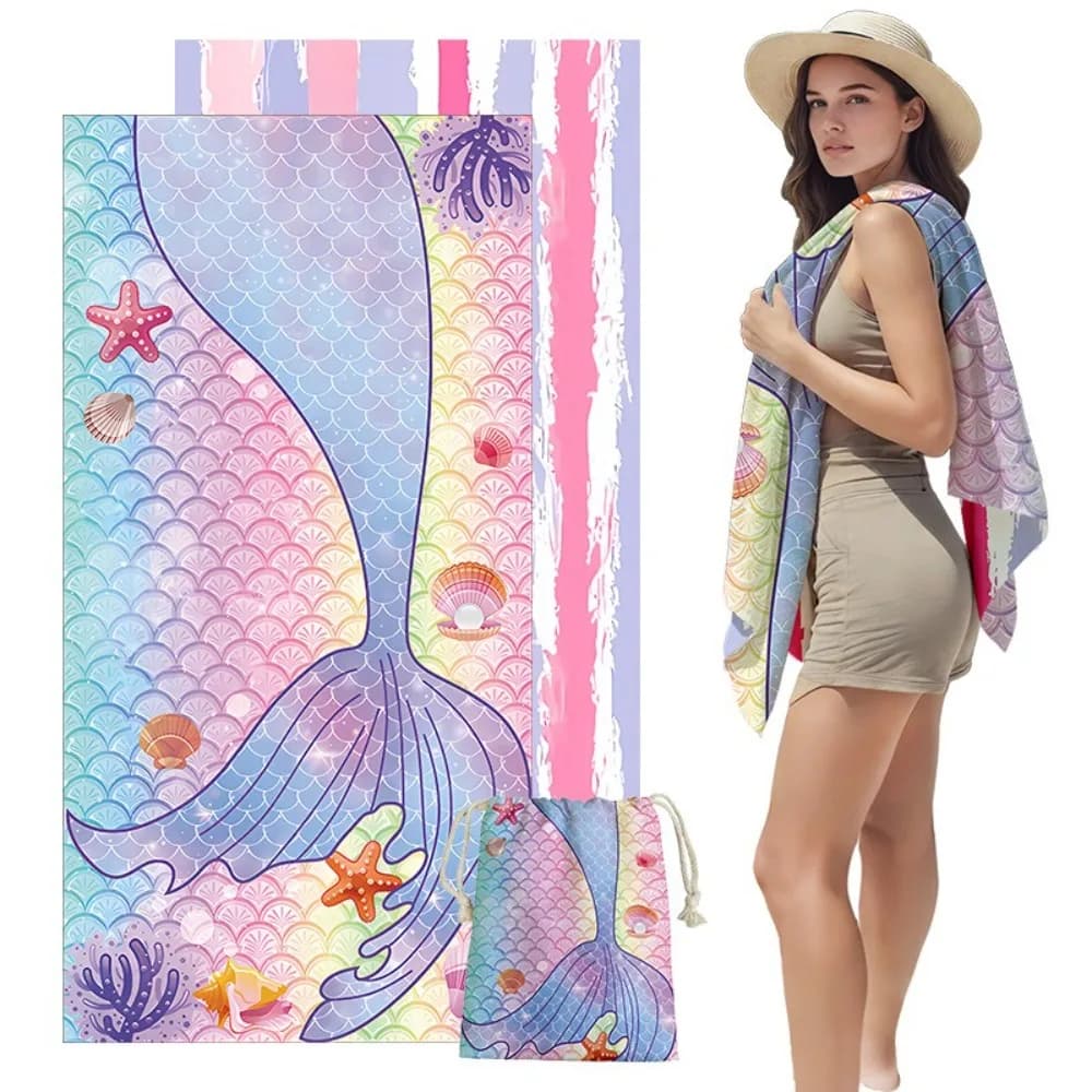 Fish Tail Print Beach Towels and Storage Bags 31x63in Microfiber Bath Towel Fitness Swim Yoga Mat Outdoor Camping Picnic Blanket