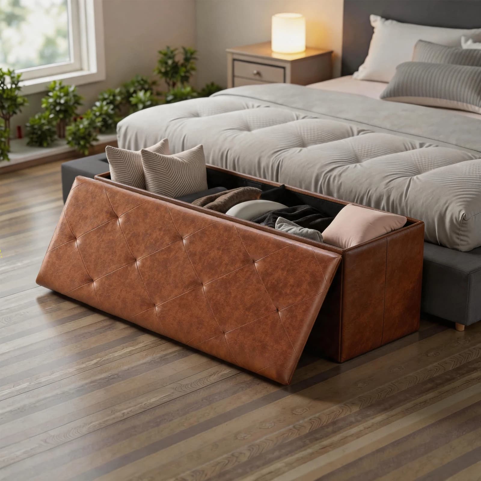 Tufted Faux Leather Storage Bench Folding Footrest Ottoman with 400lbs Weight Capacity, Large Blanket Toy Storage Organizer Chest for Bedroom