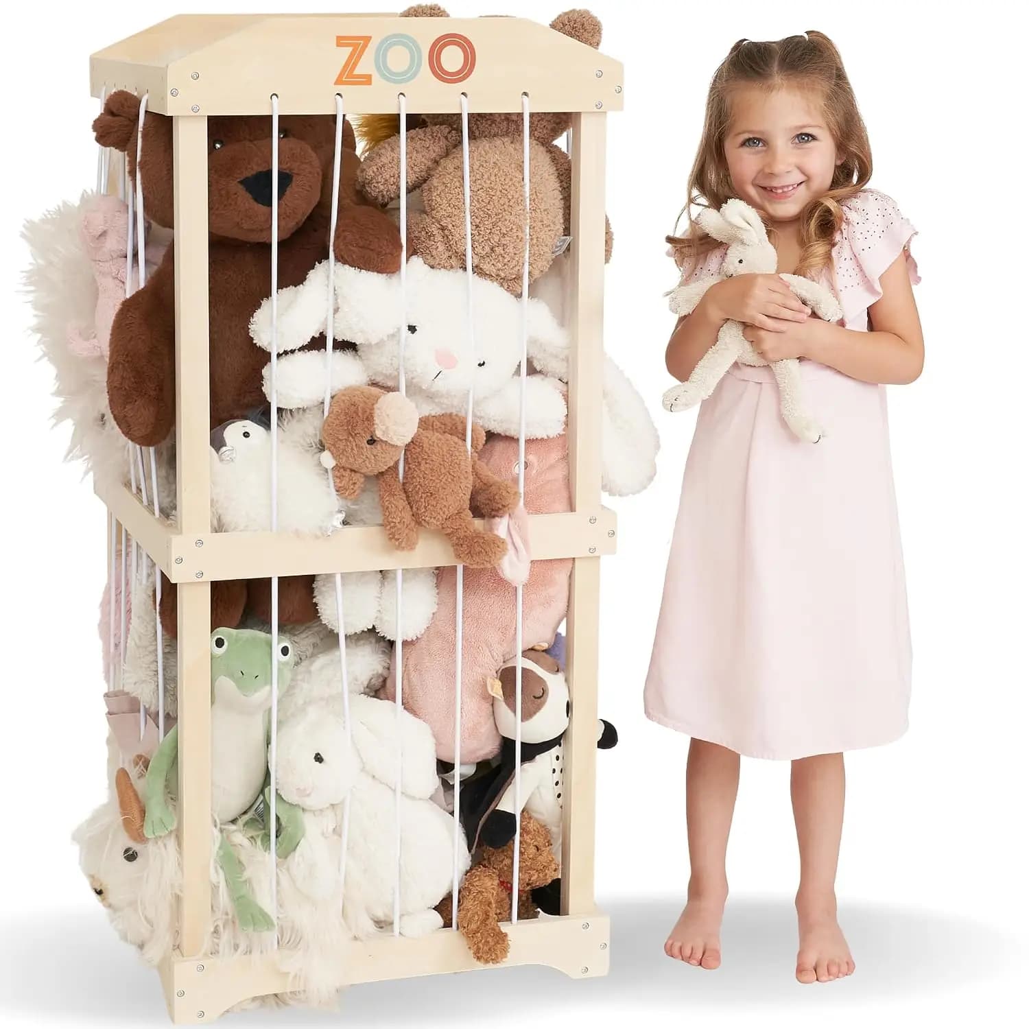 Easy Assembly Large Wooden Plush Toy Zoo Storage Rack Freestanding Vertical Organizer For Kids Playroom Nursery Bedroom Daily Plush Storage