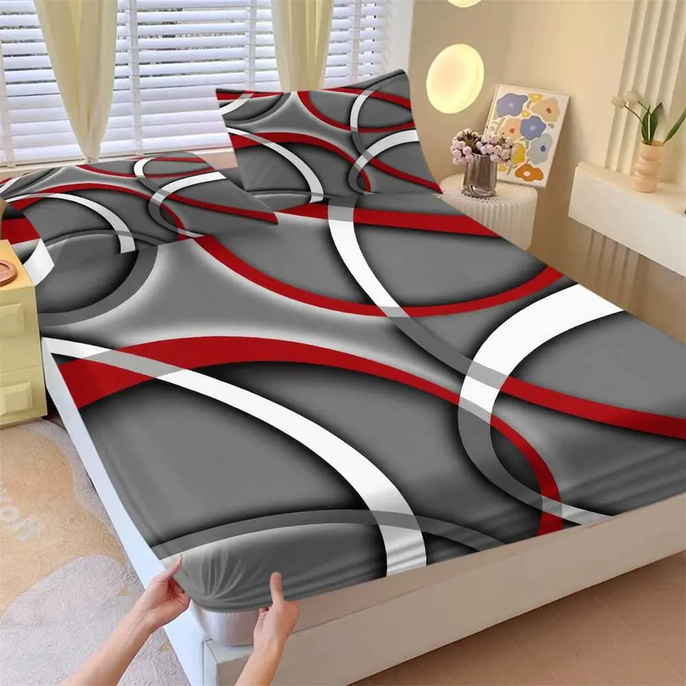 Modern Abstract Geometric Fitted Sheet Set 1 Fitted Sheet + 2 Pillowcases Soft Breathable Bedding Set for Bedroom Home Decor