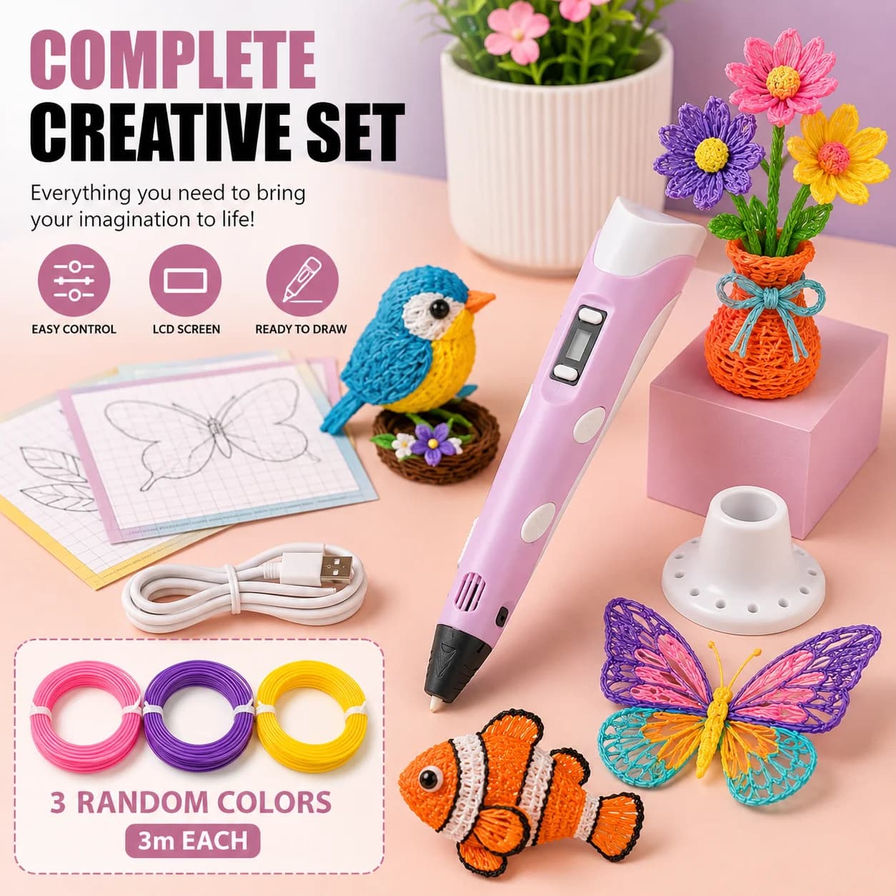 3D Printer Pen Kit LED Screen PLA Filament 3D Drawing Tool Kids Art Craft Set 3D Doodle Pen for Kids Creative DIY Projects Birthday Gift Educational Toy Craft Supplies Refill Starter Pack Safe Easy Use Drawing Pen Kit for Home School Fun XL