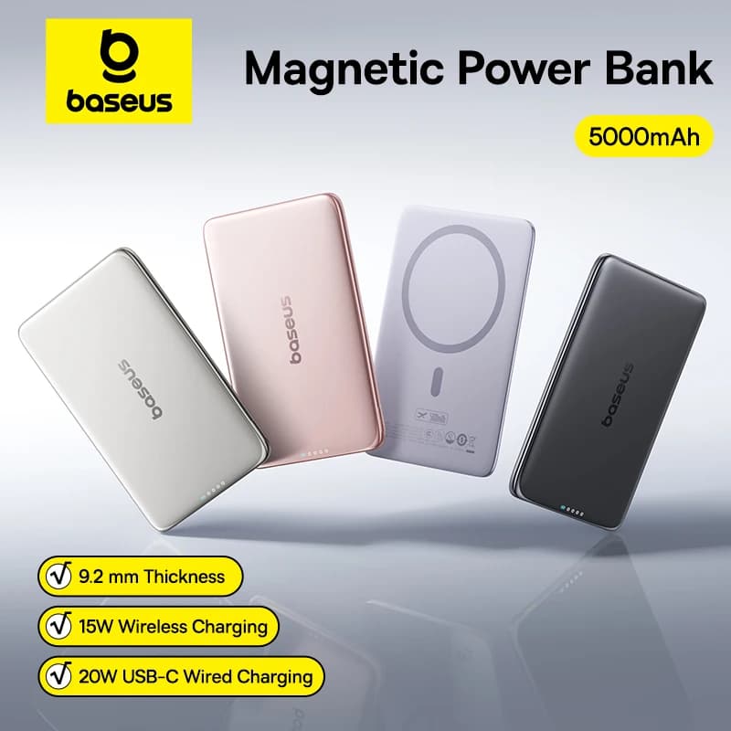 Baseus 5000mAh Magnetic Power Bank 15W Wireless 20W Wired Charging Thin Card-Sized Slim Portable Powerbank for iPhone 17 Samsung