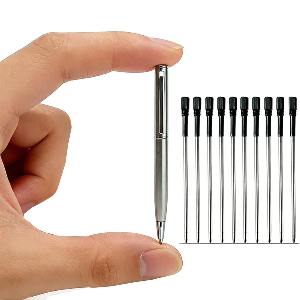 Mini Stainless Steel Metal Ballpoint Pen with 10 Replacement Refills Set, Portable Pocket Ballpen Compact Short Pen for Wallet