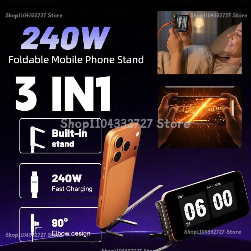 Holder Charger Cable 240w Built in Phone Stand Charging Cable USB C for Foldable Bracket Type USB Type C Flat Charger