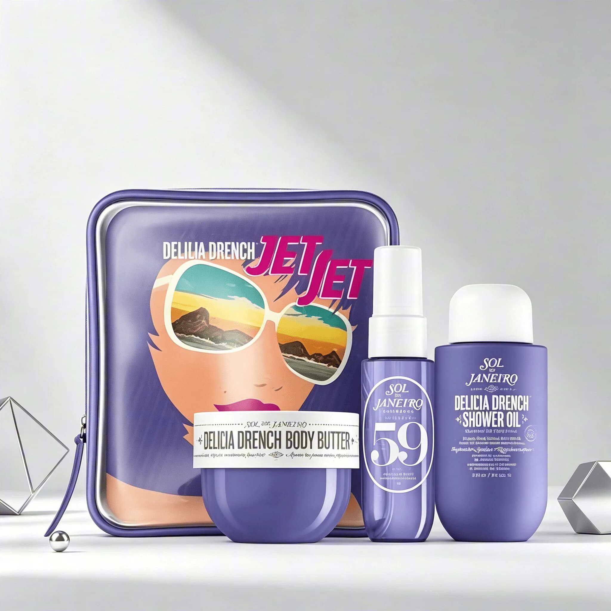 Sol de Janeiro Delicia Drench Jet Set Travel Perfume Gift Set For Women Cheirosa 59 Juicy Passion Fruit Vanilla Soft Gourmand Scent Portable Mini Body Perfume Deep Moisturizing Body Butter Cleansing Shower Oil Complete Purple Vintage Storage Bag Perfect T