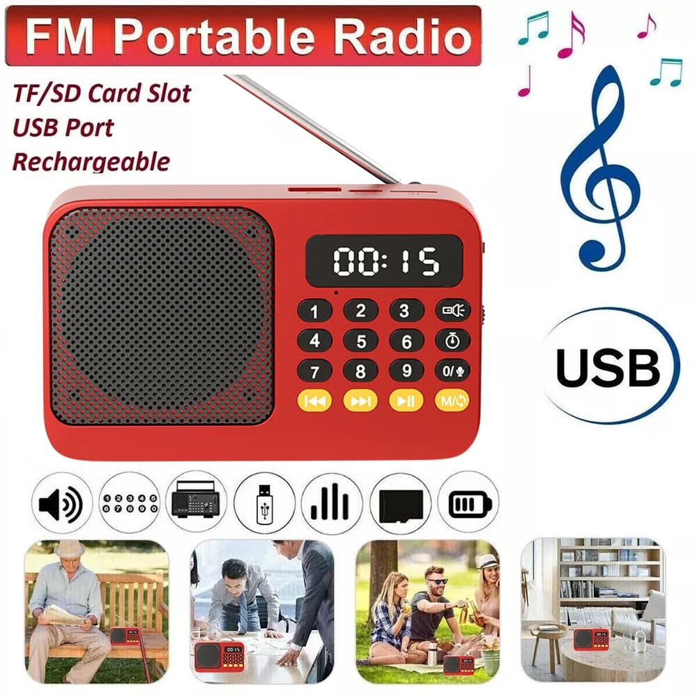 Portable FM Radio with Flashlight Rechargeable Radio TF Card/U Disk Bluetooth 5.0 MP3 Music Player Wireless Speaker
