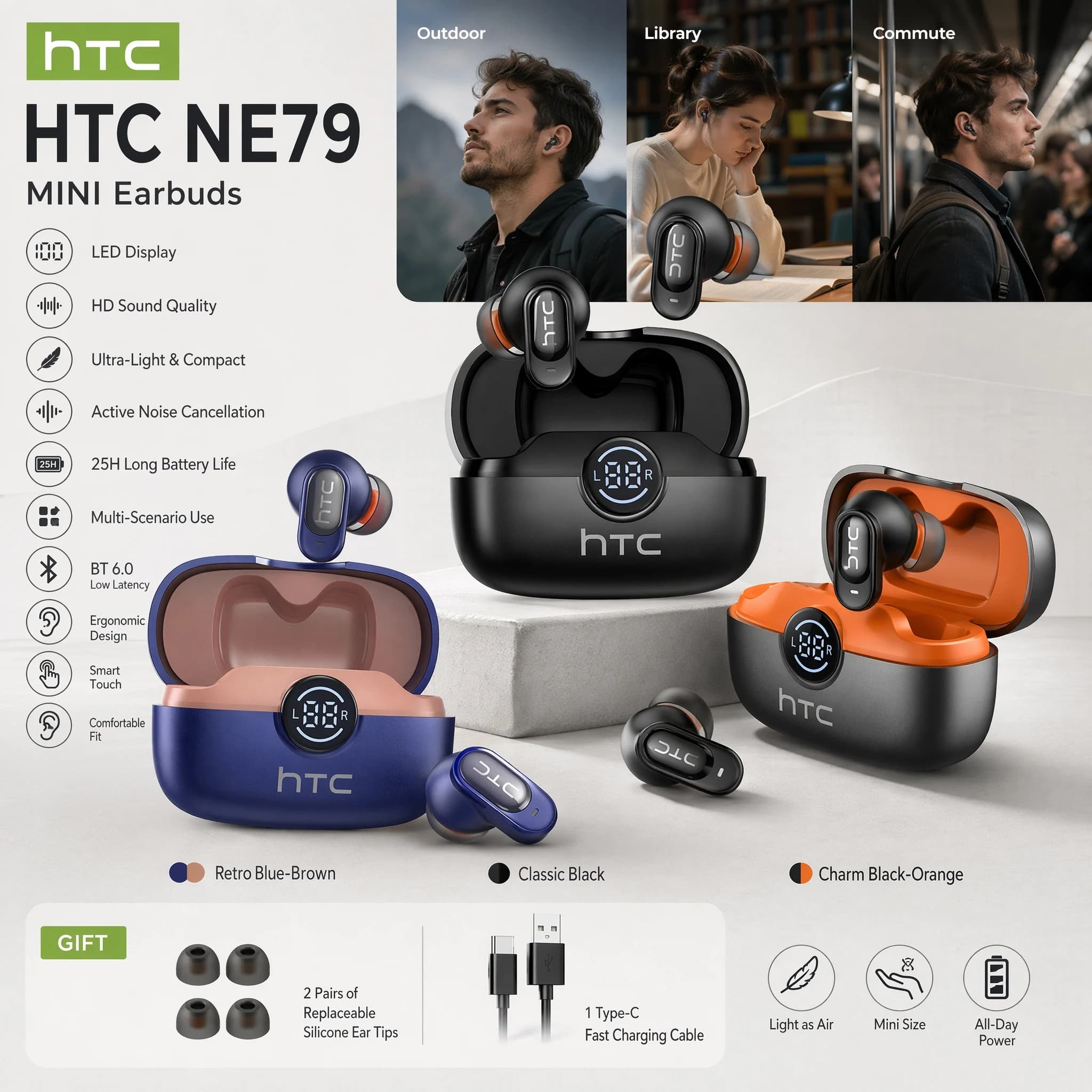 HTC NE79 TWS Bluetooth 6.0 Earphones AI Translator In-Ear HiFi Sound Headset for Sports Headset with Clear Call Mic