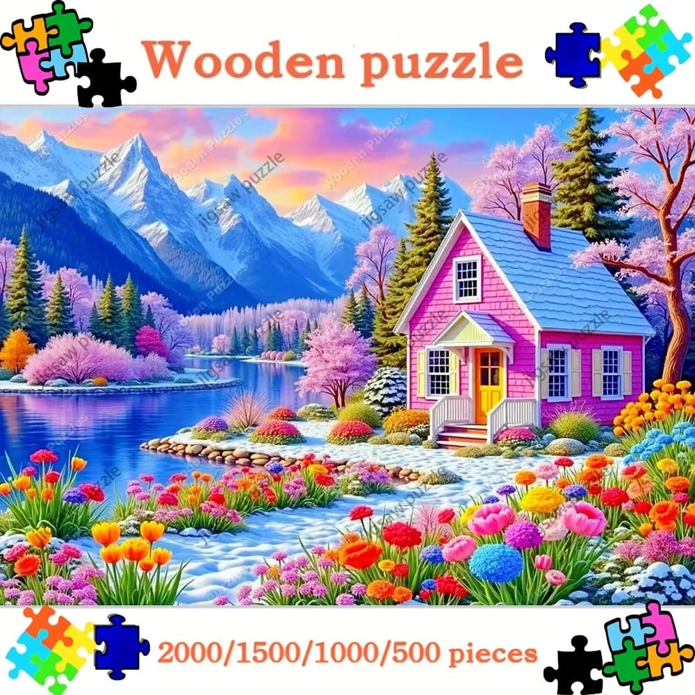 2000/1500/1000/500pcs Wooden Jigsaw Puzzle for Adults - Vibrant Pink House Lake Mountain Floral Scene, Premium Wood Challengin