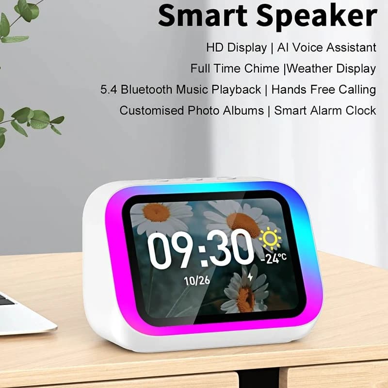 Smart Bluetooth Alarm Clock Speaker with Weather Display Night Light Music Story Player Photo Frame APP Control For Perfect Gift