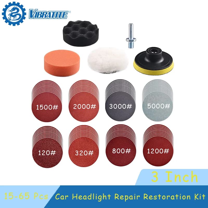 15-65 Pcs Car Headlight Repair Restoration Kit 3 Inch 75mm Sanding Plate Waxing Sponge Sanding Pad for Polishing and Sanding