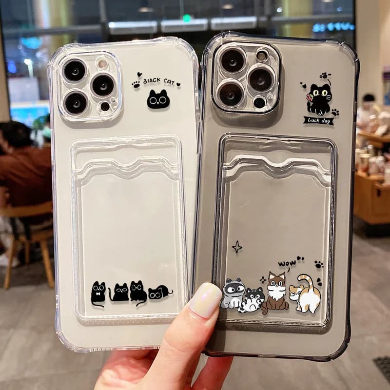 Cute Black Cat Phone Case For iPhone 17 Pro Max 16 15 13 12 11 14 Pro Max Air 7 8 Plus XR SE Card Bag Slot Holder Wallet Cover