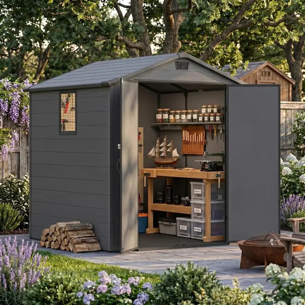 6x6 Plastic Storage Shed with Floor, Outdoor Tool Storage for Patio, Garden, Backyard - Gray