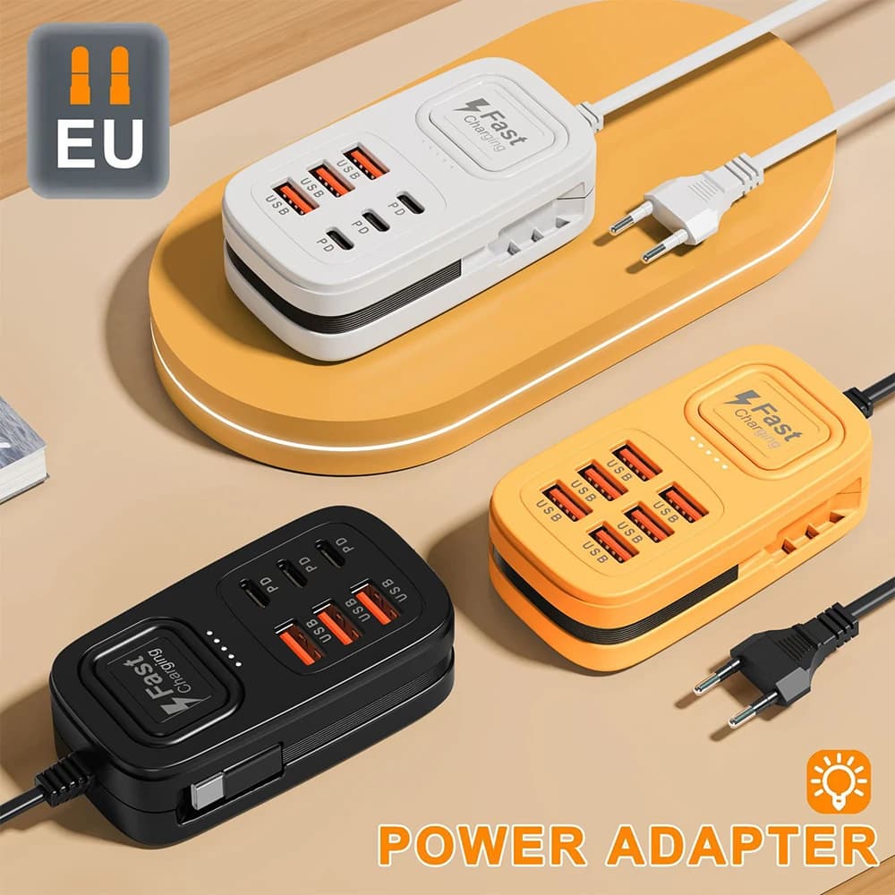 6 Ports USB Fast Charger Power Strip Desktop Charging Station Fast Charging EU/UK/US Plug USB HUB Adapter Socket 3Type C 3USB