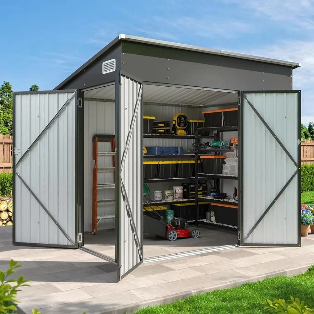 7.5'x4' Triple Door Shed Outdoor Storage Shed Black | Metal Storage Cabinet with Slopping Roo or Tools ycles Storage or Garden,P