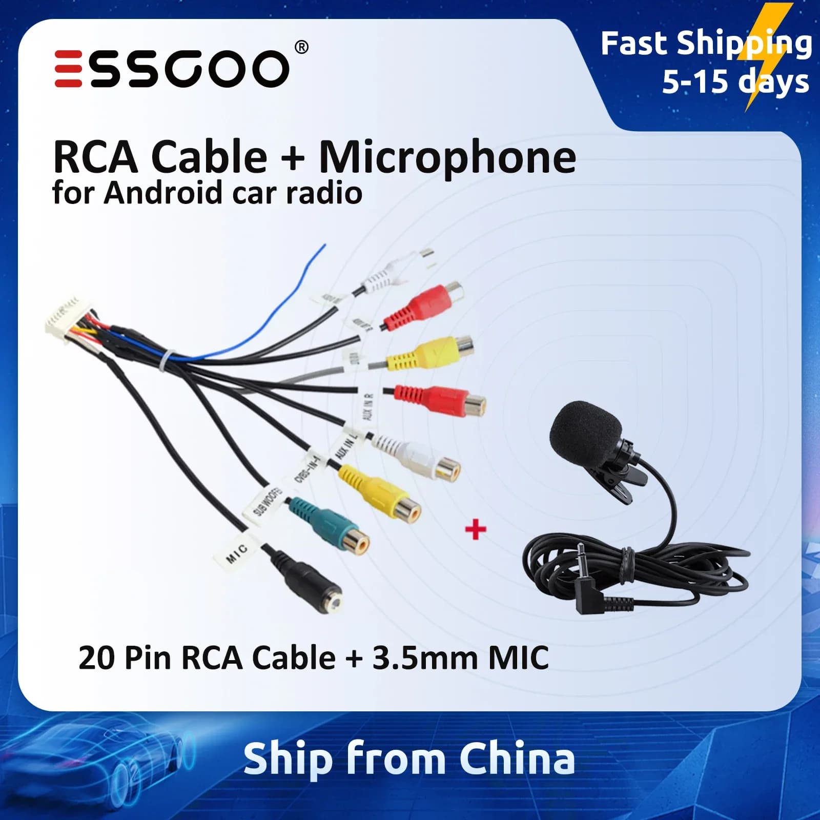 ESSGOO Car Radio 3.5mm Microphone Subwoofer Wires Mic 20 Pin RCA Cable For Android Stereo Output Subwoofer Kit