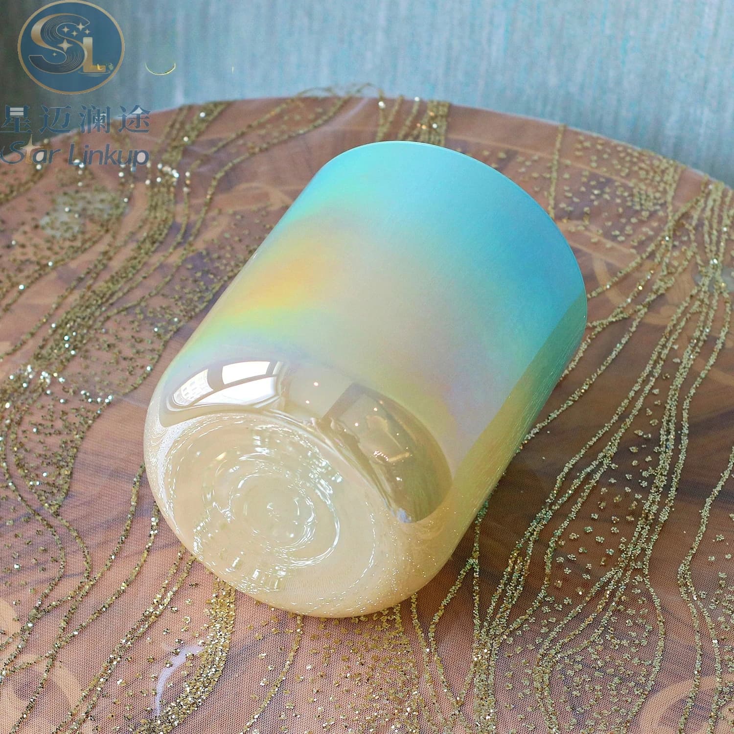 Star Linkup 432Hz Creamy Yellow to Sky Blue Gradient Alchemy Quartz Crystal Singing Bowl, Vibrational Resonance Percussion Instrument for Yoga Meditation, Chakra Balancing, Stress Reduction, Energy Cleansing & Sound Healing Therapy, Complete With Full Mat