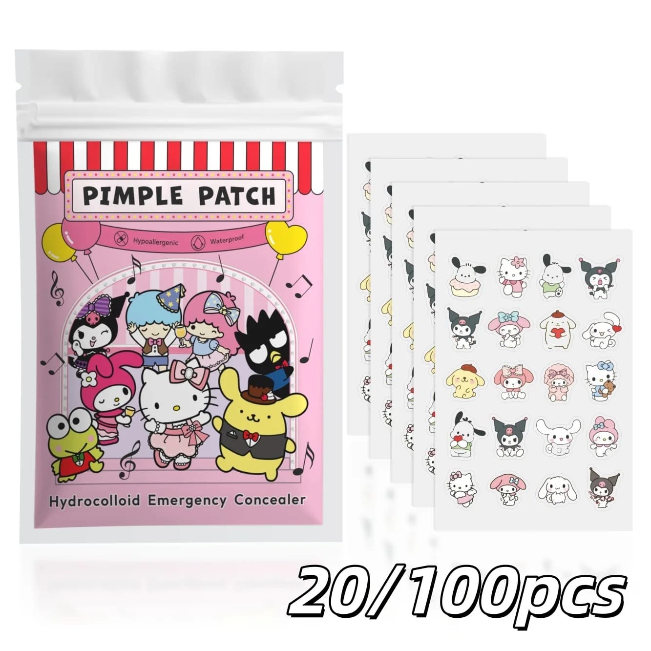 20/100pcs Hello Kitty Hydrocolloid Pimple Patch Set, Cute Cartoon Spot Stickers, Waterproof Invisible Face Care Patches