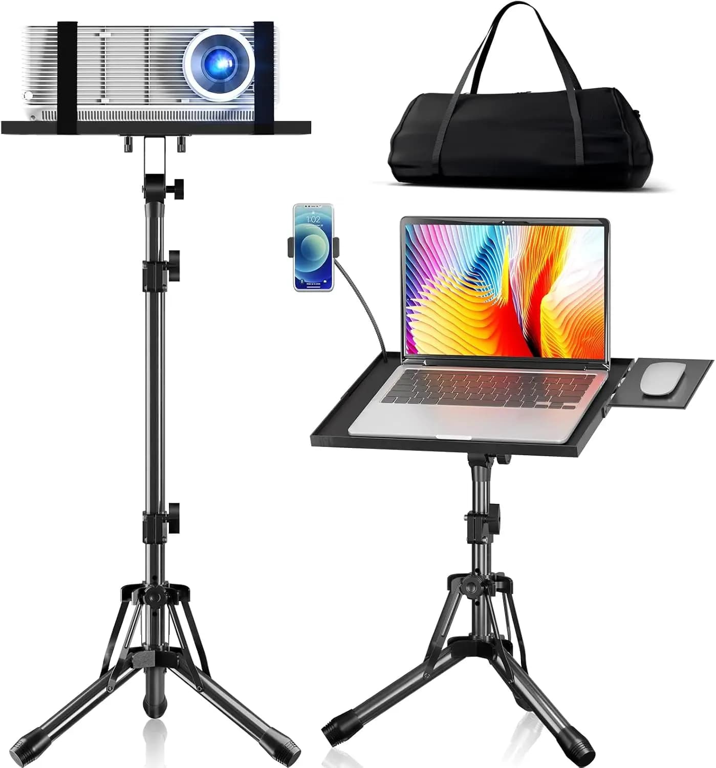 Adjustable Projector Stand 20-61in, Foldable Tripod with Tray & Phone Holder, Portable Laptop Floor Stand for Office Home Stage