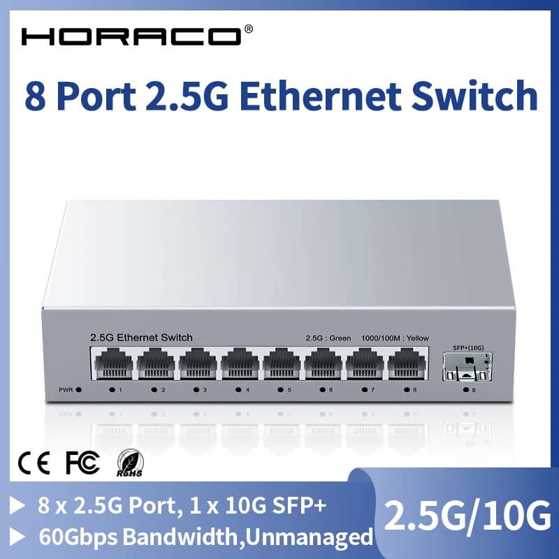 8 Port 2.5GbE Ethernet Switch Unmanaged 2.5Gbps Network Switch 1 Port 10Gb SFP+ Slot Home Lab Setup Switch Plug and Play