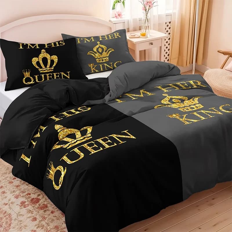 Queen & King 3pcs Couples Spouses Lovers Themes Bedding Set with All Size Featuring Printed English Letters on The Duvet Cover