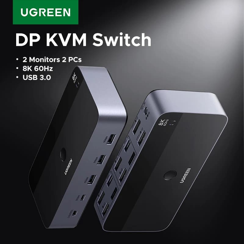 UGREEN 8K 60Hz DP KVM Switch 2 Monitors 2 PCs USB 3.0 Sharing Keyboard Mouse Monitor with HDR 3D for Desktop Printer