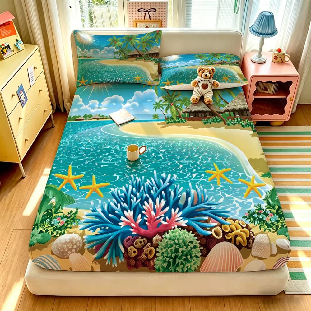 3pcs Beach Vacation Coconut Tree Print Coreless Bed Sheet Set Multiple Sizes Soft Bed Covers, Bedroom Bedding Decorations, Gifts