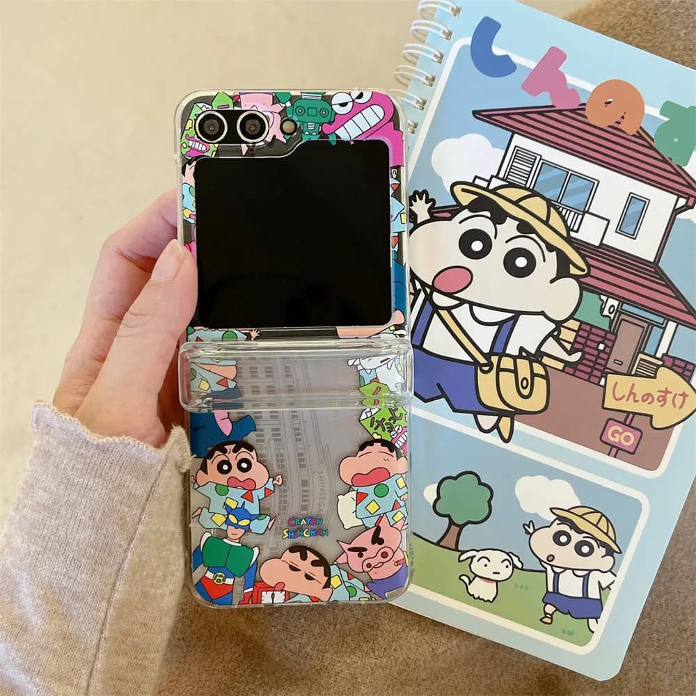 Cute Cartoon Japan Anime Crayon Shin-chan Card Wallet Pocket Phone Case For Samsung Galaxy Z Flip 7 6 5 4 3 Hard TPU Cover