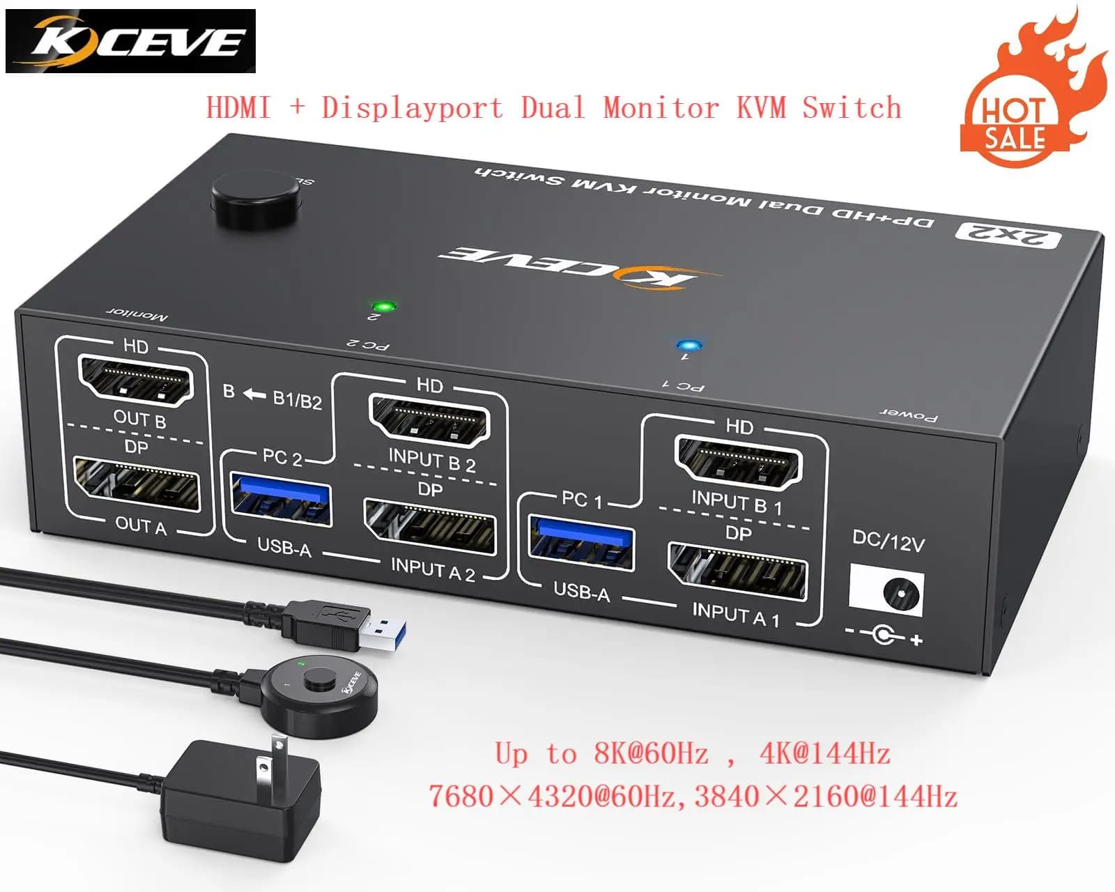 4K@144Hz KVM Switch 2 Monitors 2 Computers 8K@60Hz,KCEVE HDMI Displayport Dual Monitor KVM Switch with 4 USB 3.0 Port