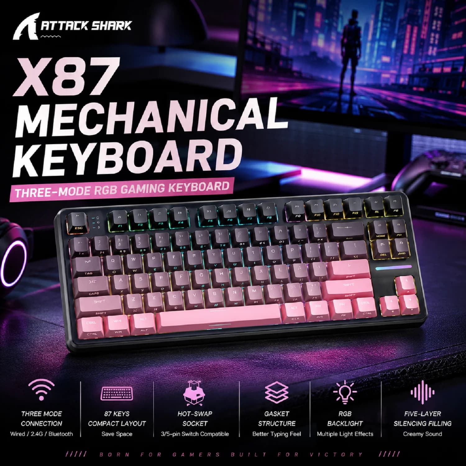 Attack Shark X87 Macro Drive Gaming Keyboard,Bluetooth Side Engraved Translucent Character Mechanical Keyboard,RGB,Hot-Swap