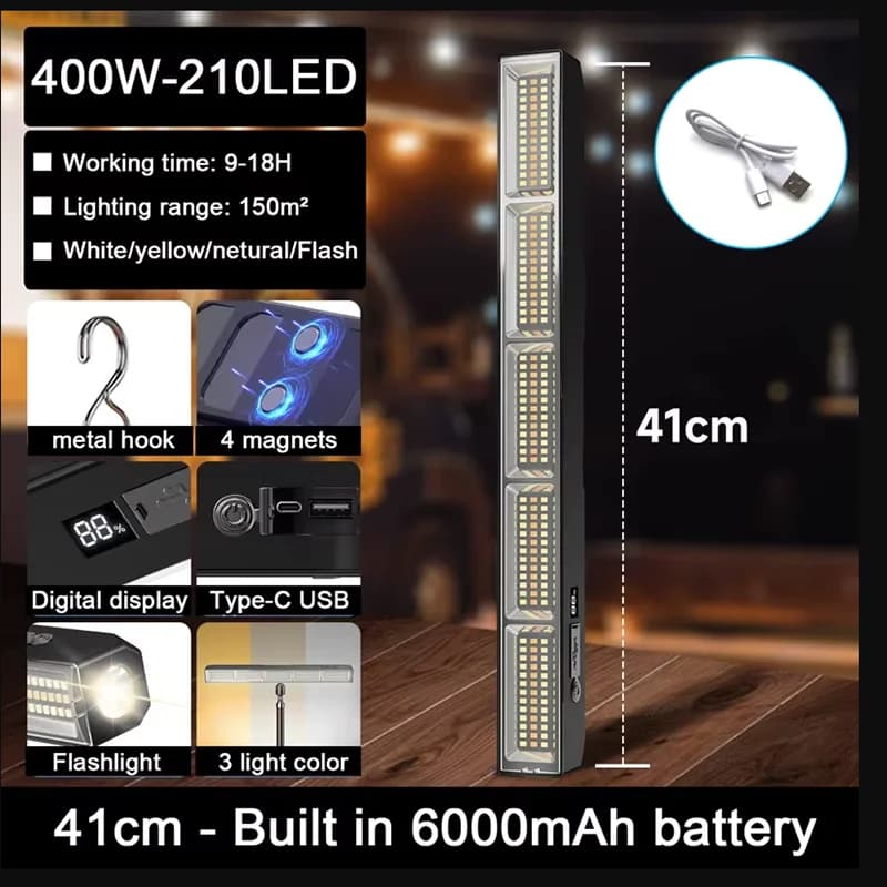 2025【High Power Magnetic LED Light Bar】41cm Portable USB Rechargeable Work Light 3 Modes IP66 Waterproof Emergency Power Bank