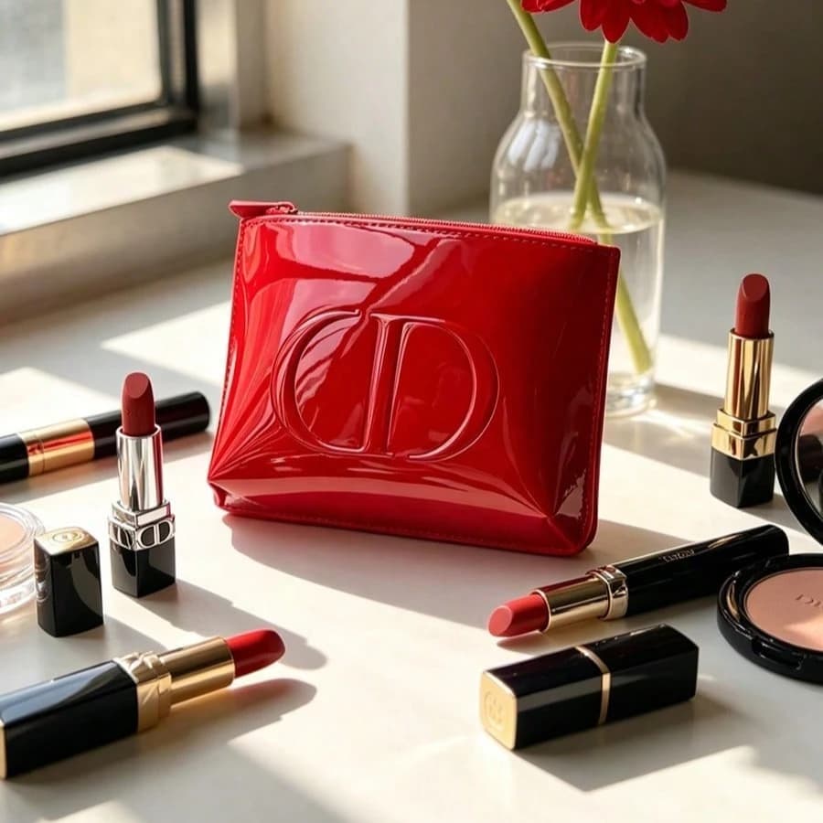 Dior’s bag Premium Fabric Red Cosmetic Bag For Lipstick Blush & Powder Puff Storage Portable Makeup Organizer Perfect For Girls
