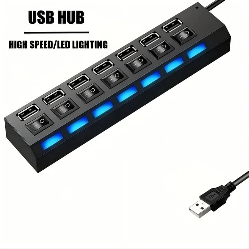 7 Ports USB 2.0 Hub LED 5Gbps High Speed Multiports USB Power Adapter Expander USB Splitter With Switch For Laptop Computer Home