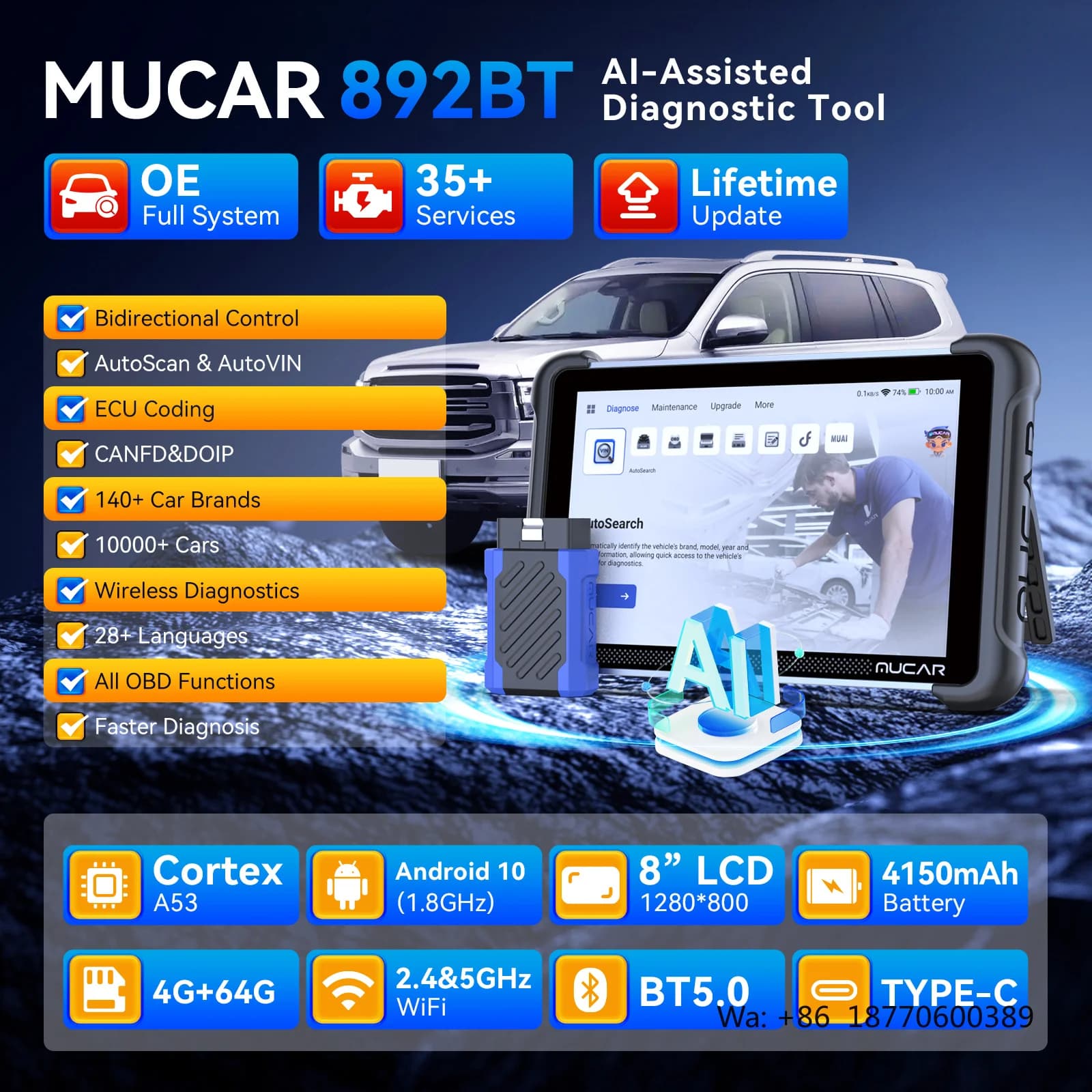 MUCAR 892BT AI Intelligent Diagnostic Tool 35 Reset Bidirectional CANFD DOIP Full System ECU Coding Free Update OBD2 Car Scanner