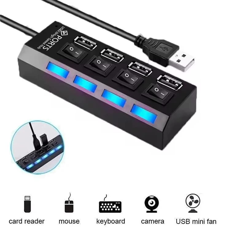 USB Extension Hub 4-Port Splitter With Independent ON/OFF LED Switch Control For Laptops Flash Drive Printer Camera Keyboard Kit