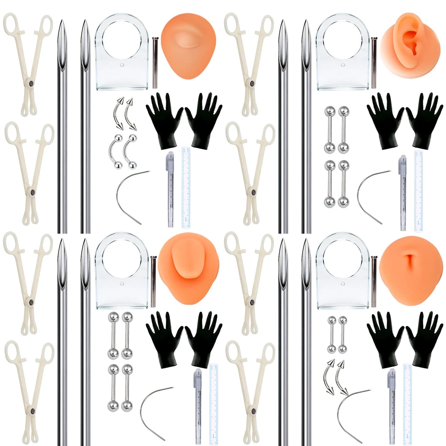 Complete Body Piercing Tools Kit with Piercing Needles Forceps Jewelry Silicone Practice Skin for Ear Nose Belly Tongue Piercing