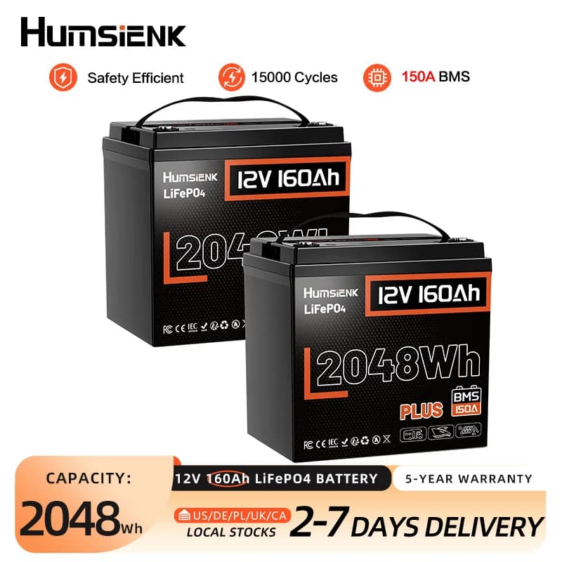Humsienk 12V 160Ah LiFePO4 2 PACK Battery Built-in 150A BMS Deep Cycles MAX. 8192 Wh For RV/ Camping/ Solar Energy Storage/ Fish